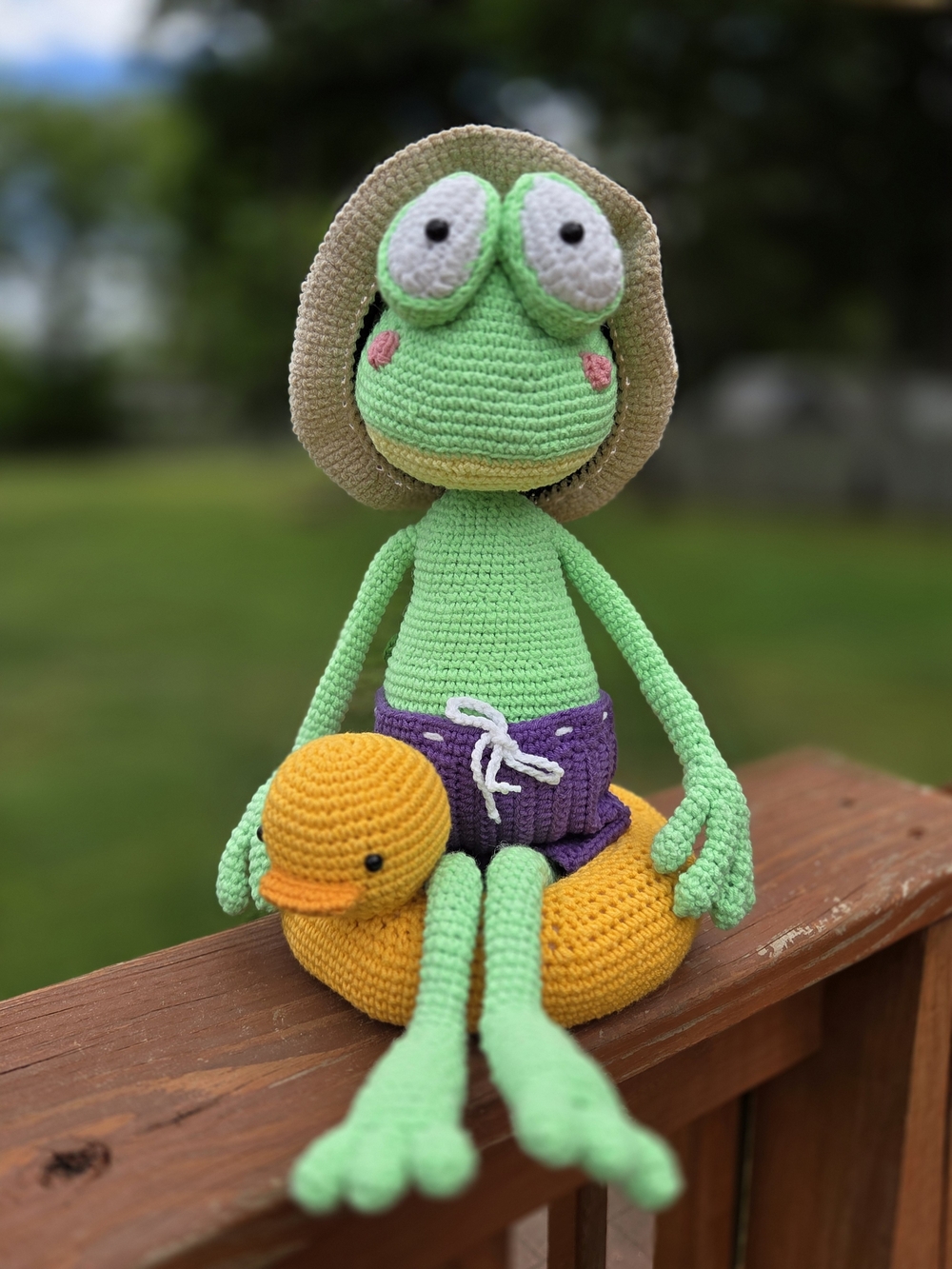 Handmade Poseable Crochet Summer Frog Plushie with Duck Floatie